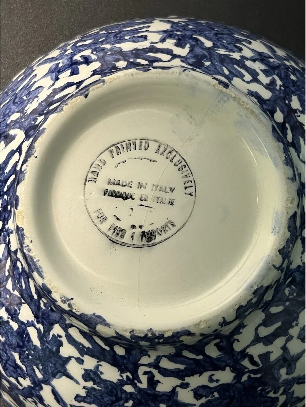 Pier 1 Imports Italy 1990s Bowl Blue White Spongeware Ceramic, 9.5x3.5